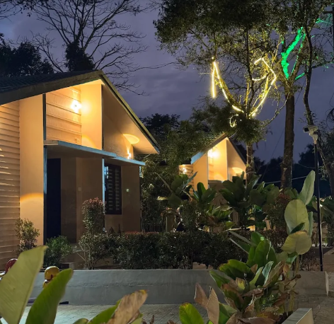 Misty Ridge Resort private illuminated cottages at night in Wayanad