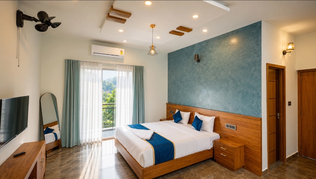 Montana Wild bedroom suite with balcony view of Wayanad hills